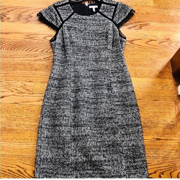 REBECCA TAYLOR Short Sleeve Stretch Tweed Shift Black White Dress Women Size 10 - Picture 9 of 10
